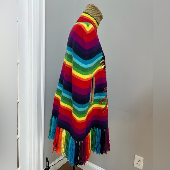 New Gucci Rainbow 100% Wool Poncho with Tiger and crystals fringes L - Picture 10 of 16